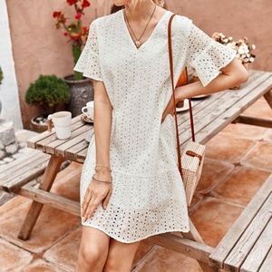 Eyelet Embroidery Ruffle Hem Smock Dress